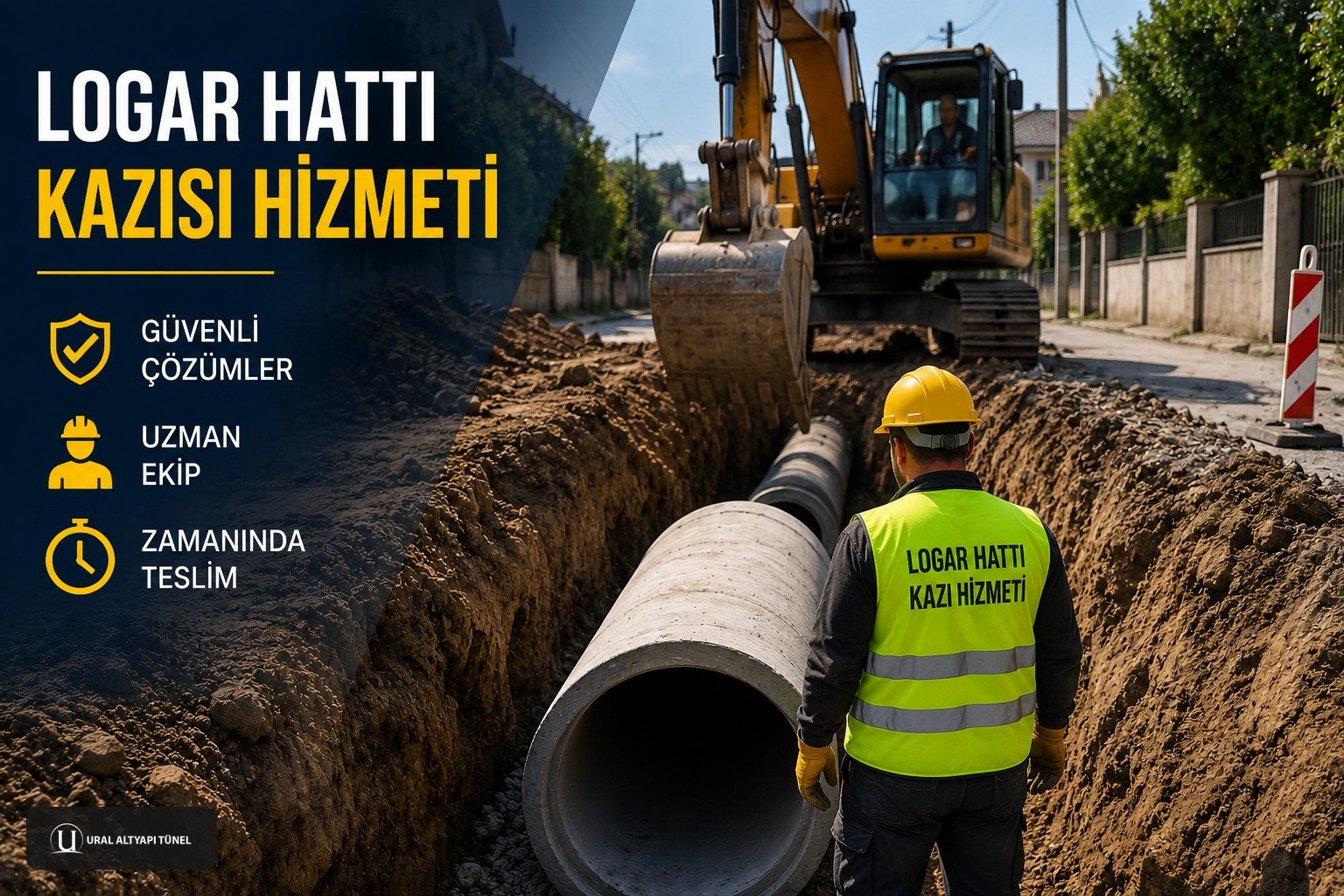 Logar hattı kazısı yapan iş makinesi ve ekip - Ural Altyapı Tünel